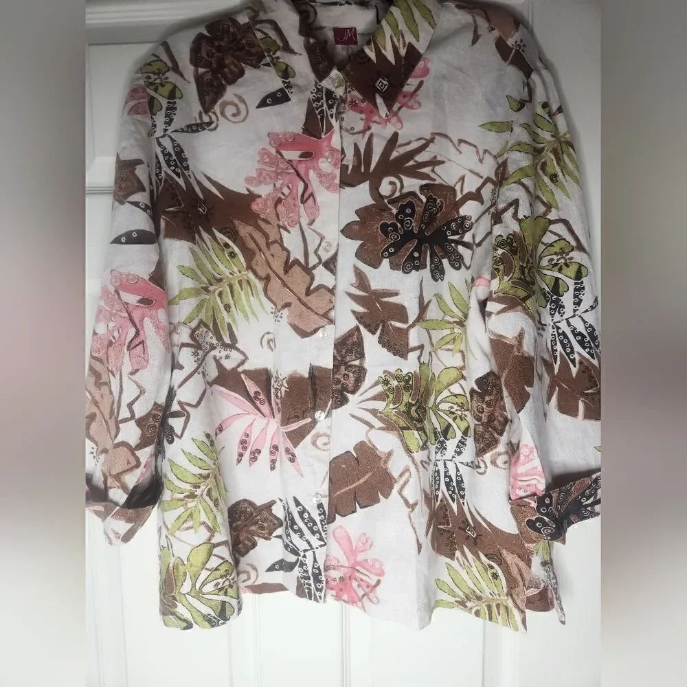 Vintage JM Collection 16 100% LINEN Art Print RolltabSlv Women’s Blouse Shirt